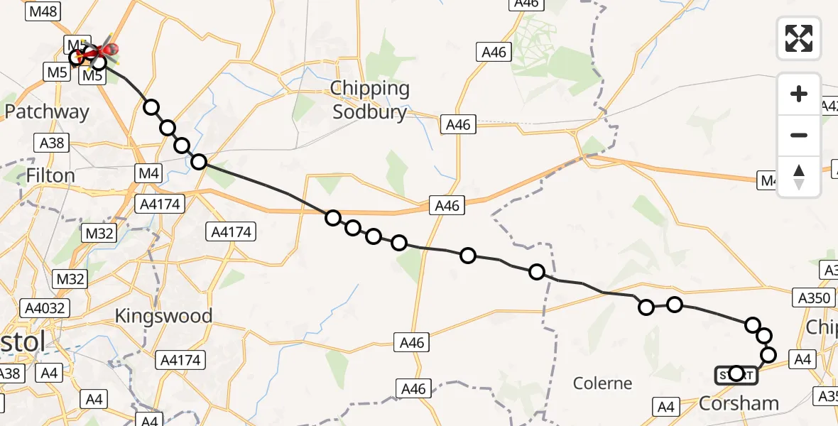 Flight route Air Ambulance Helicopter Biddestone - Hortham, 21 July 2026, 16:26