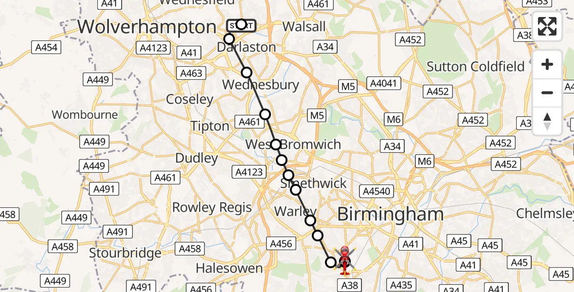 Flight route Air Ambulance Helicopter Willenhall - Queen Elizabeth Hospital Helipad, 21 July 2026, 16:30