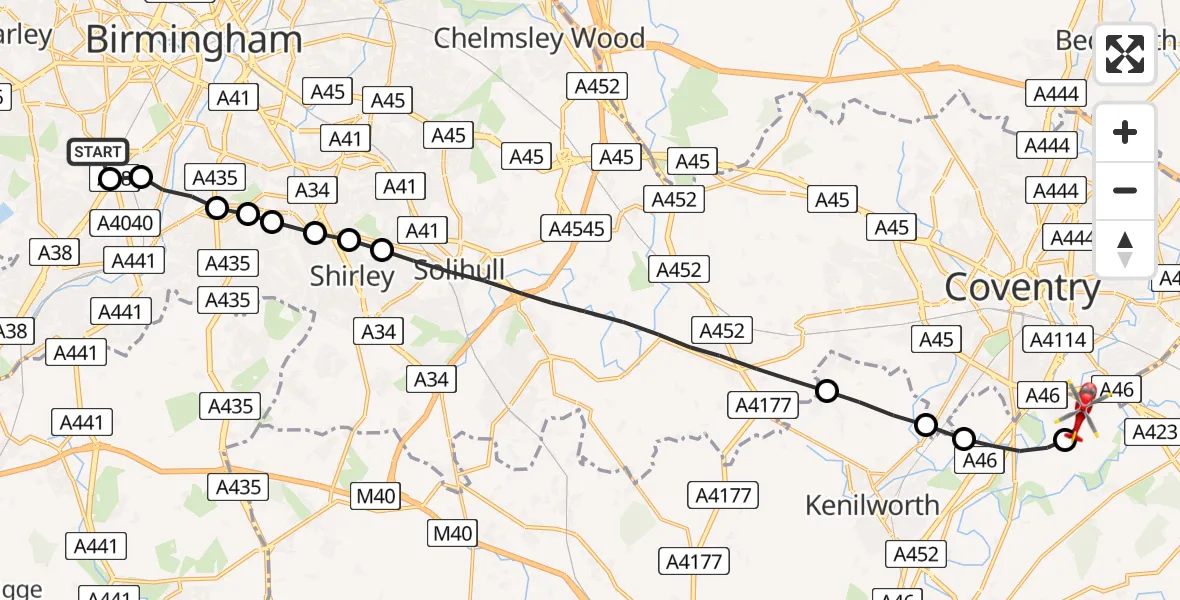 Flight route Air Ambulance Helicopter Metchley - Coventry Airport, 21 July 2026, 16:32