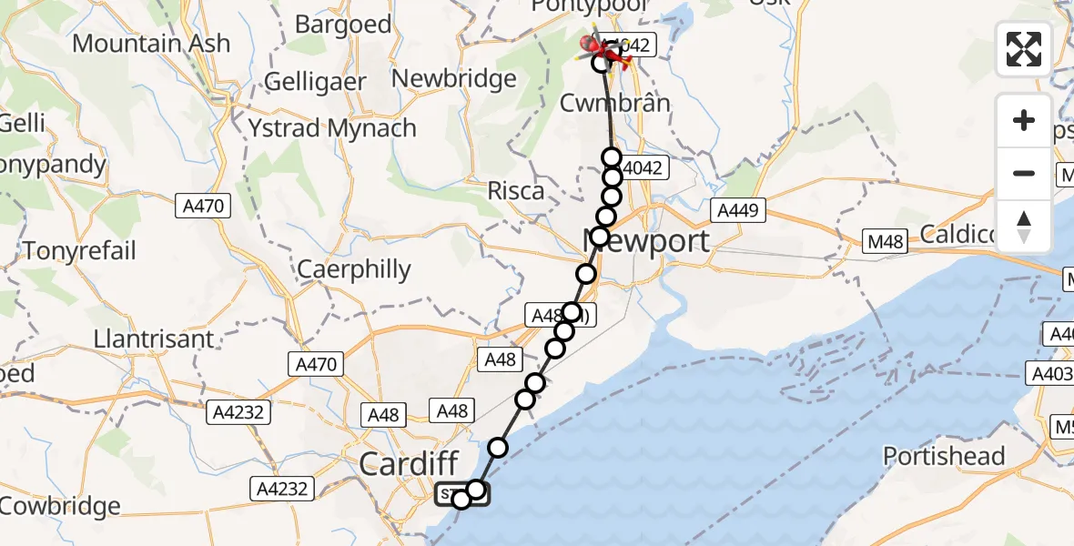 Flight route Air Ambulance Helicopter Cardiff Heliport - Cwmbrân, 21 July 2026, 16:35