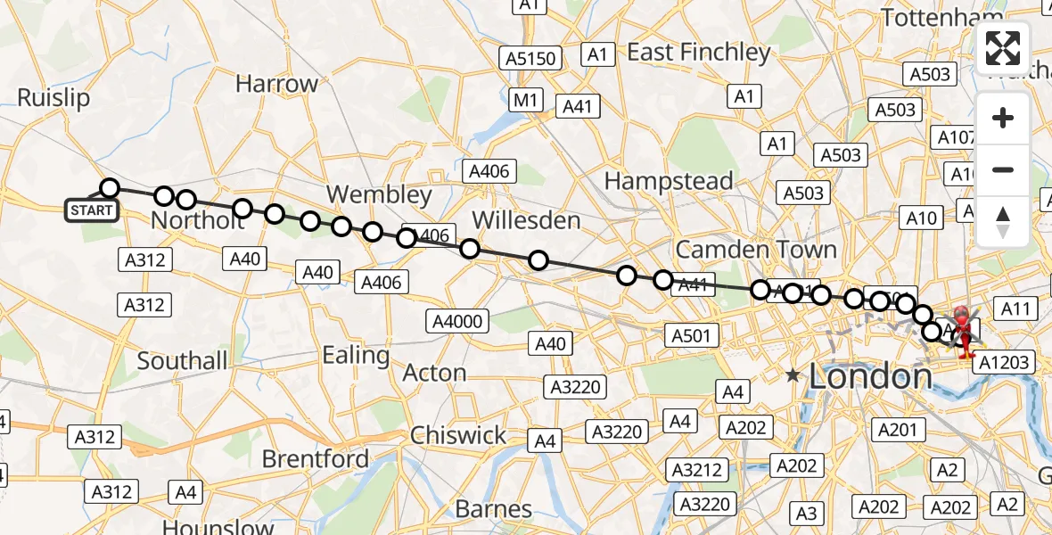 Flight route Air Ambulance Helicopter RAF Northolt - Royal London Hospital, 21 July 2026, 16:51
