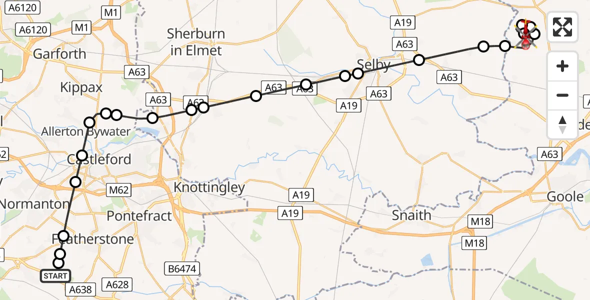 Flight route Air Ambulance Helicopter YAA Nostell Helicopter Port - Breighton Airfield, 21 July 2026, 17:07