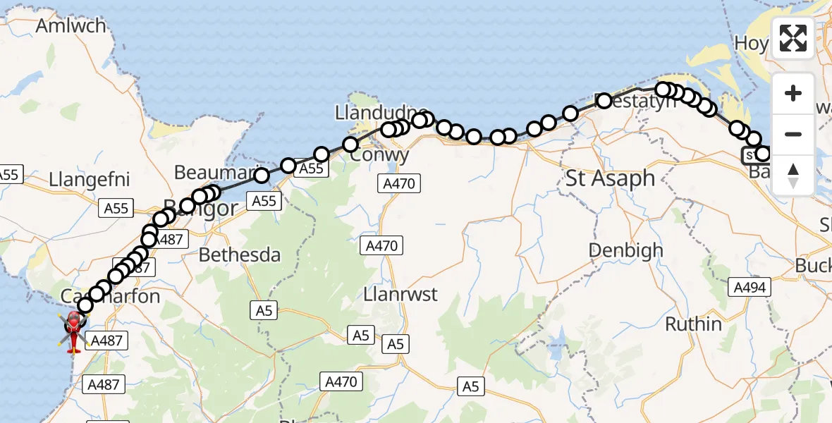 Flight route Air Ambulance Helicopter Whelston - Caernarfon Airport, 21 July 2026, 17:10