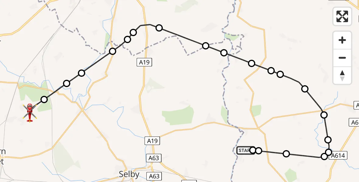Flight route Air Ambulance Helicopter Breighton Airfield - Leeds East Airport, 21 July 2026, 17:24