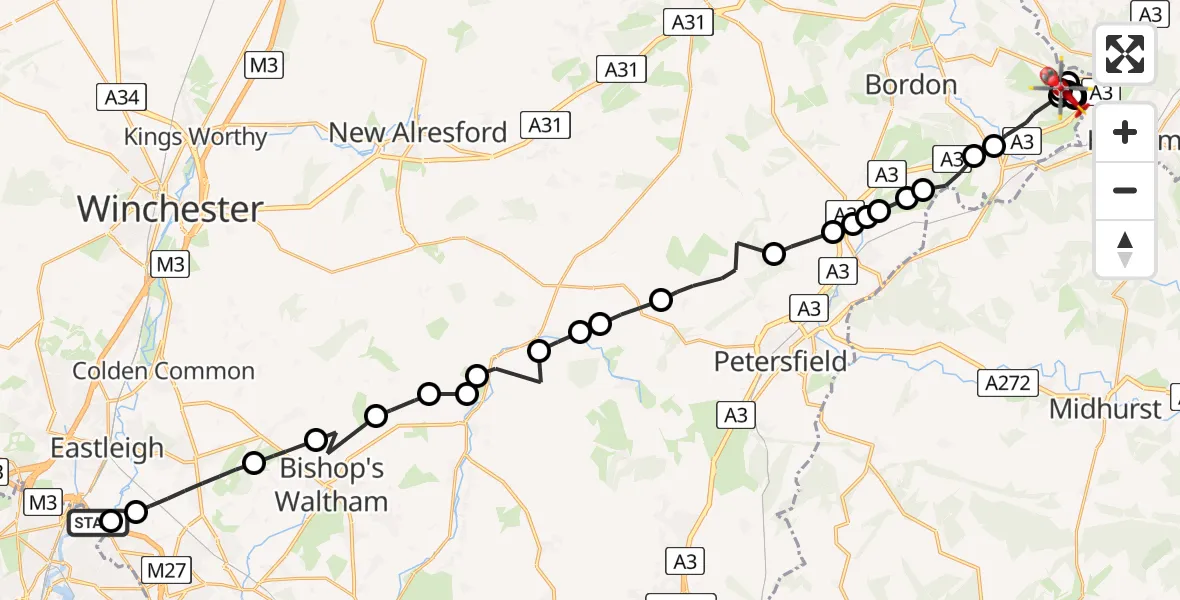 Flight route Air Ambulance Helicopter Southampton Airport - Grayshott, 21 July 2026, 17:25