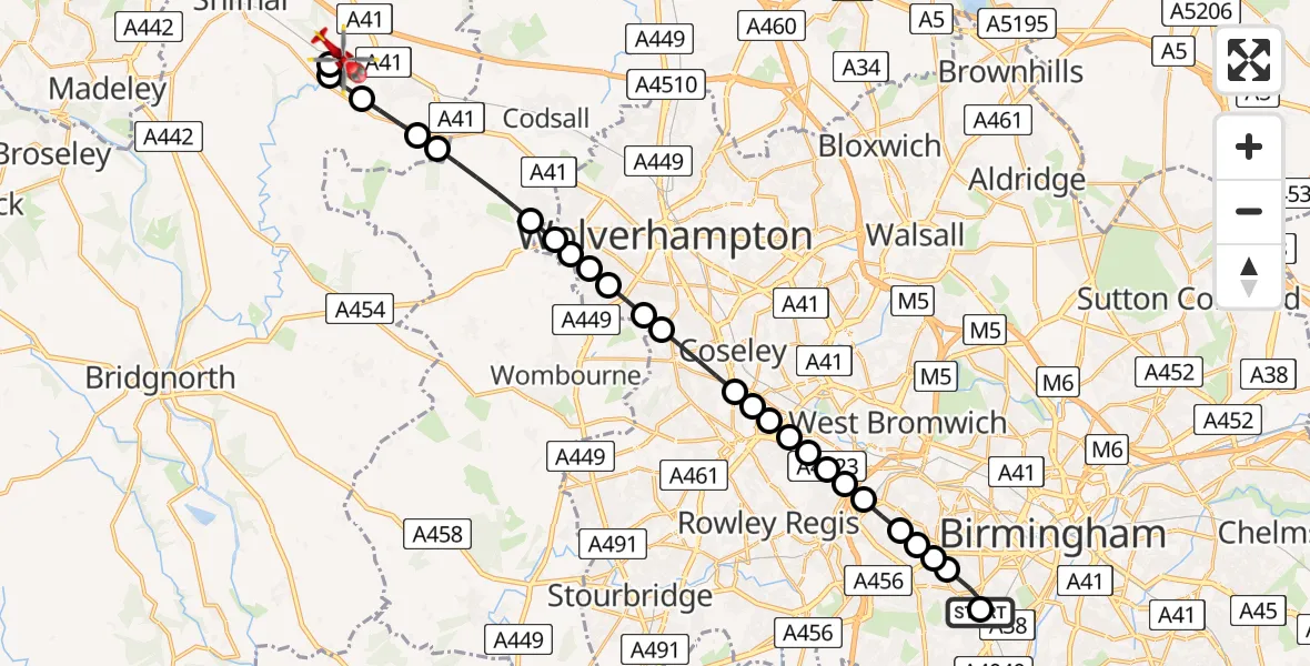 Flight route Air Ambulance Helicopter Queen Elizabeth Hospital Helipad - Cosford, 21 July 2026, 17:27