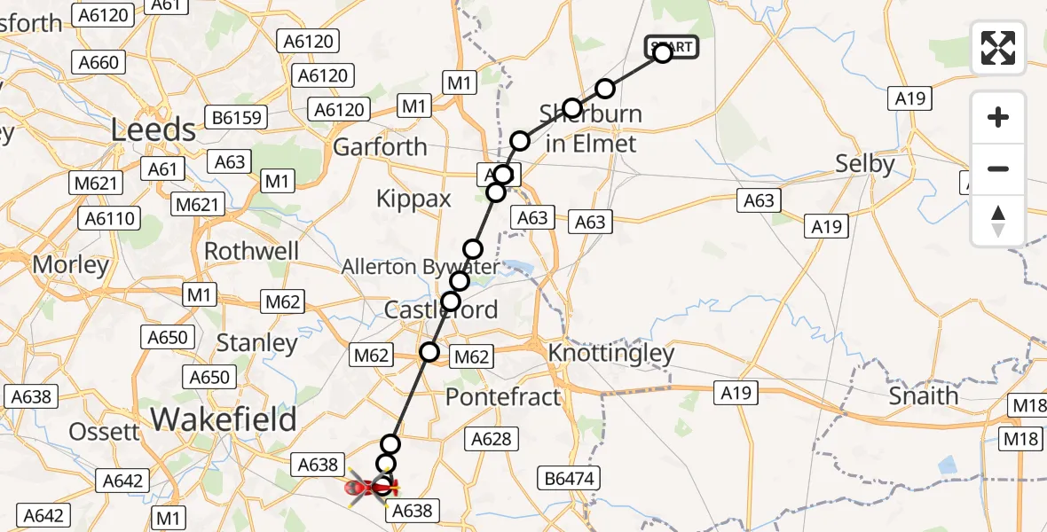 Flight route Air Ambulance Helicopter Leeds East Airport - YAA Nostell Helicopter Port, 21 July 2026, 17:46
