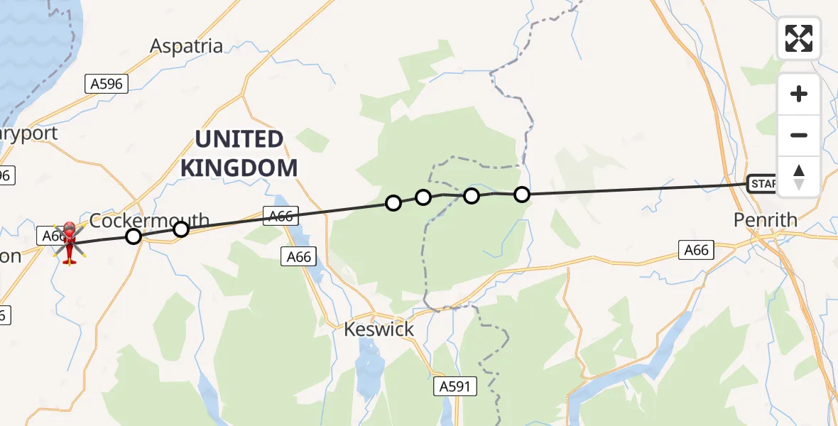 Flight route Air Ambulance Helicopter Penrith - Greysouthen, 21 July 2026, 17:49