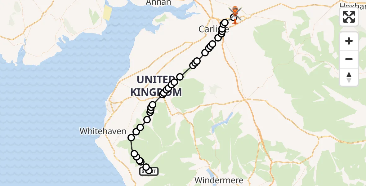Flight route Coastguard Helicopter Eskdale Green - Carlisle Lake District Airport, 21 July 2026, 17:53
