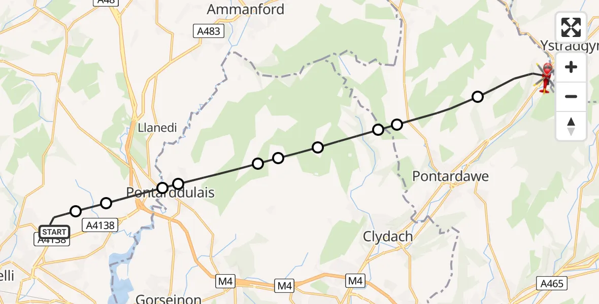 Flight route Air Ambulance Helicopter Dafen - Ystalyfera, 21 July 2026, 17:54