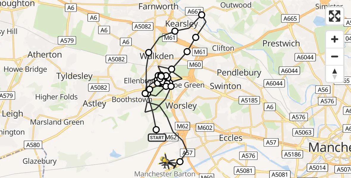 Flight route Police Helicopter Worsley - Manchester Barton Aerodrome, 21 July 2026, 18:14