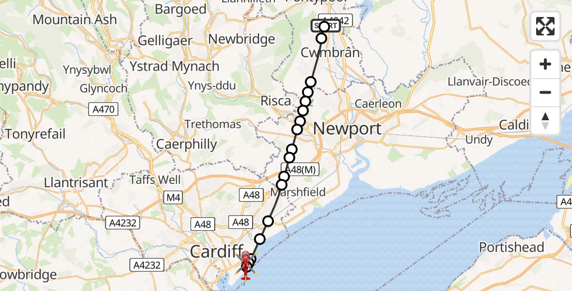 Flight route Air Ambulance Helicopter Cwmbrân - Cardiff Heliport, 21 July 2026, 18:18