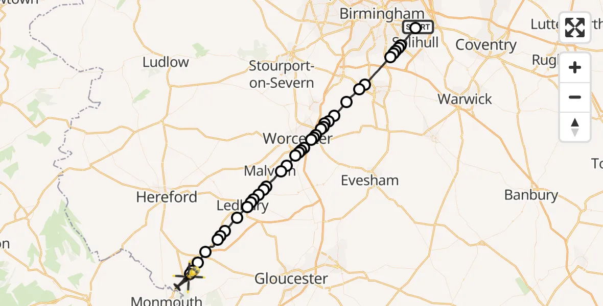 Flight route Police Helicopter Sheldon - Goodrich, 21 July 2026, 18:18
