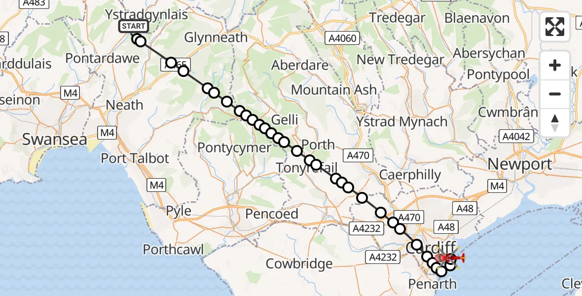Flight route Air Ambulance Helicopter Ystalyfera - Cardiff Heliport, 21 July 2026, 18:24