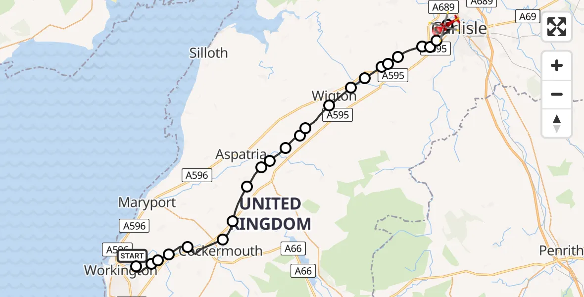 Flight route Air Ambulance Helicopter Seaton - Carlisle General, 21 July 2026, 18:25