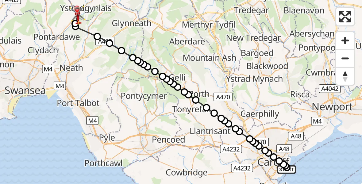 Flight route Air Ambulance Helicopter Cardiff Heliport - Ystalyfera, 21 July 2026, 18:40