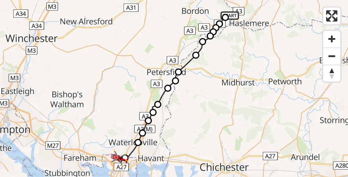 Flight route Air Ambulance Helicopter East Hampshire - Queen Alexandra Hospital, 21 July 2026, 18:41