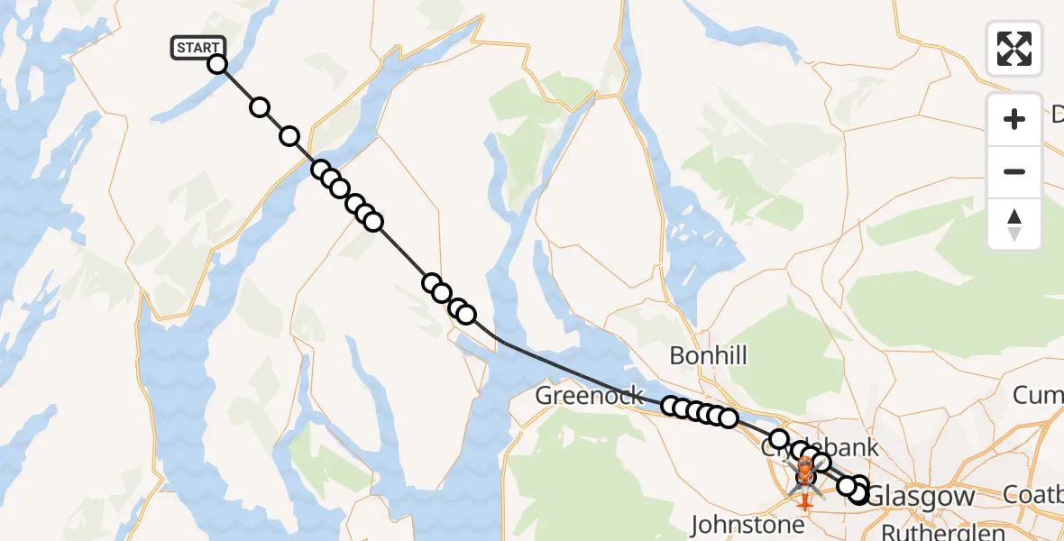 Flight route Coastguard Helicopter Argyll and Bute - Glasgow Airport, 21 July 2026, 18:42