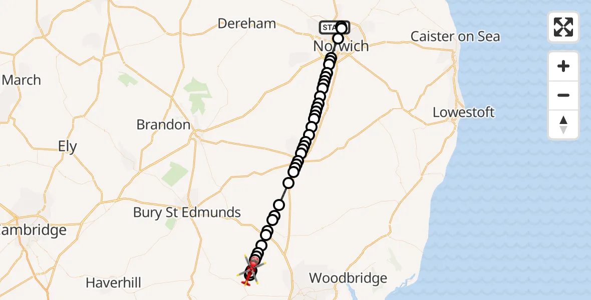 Flight route Air Ambulance Helicopter Norwich Airport - Offton, 21 July 2026, 18:44