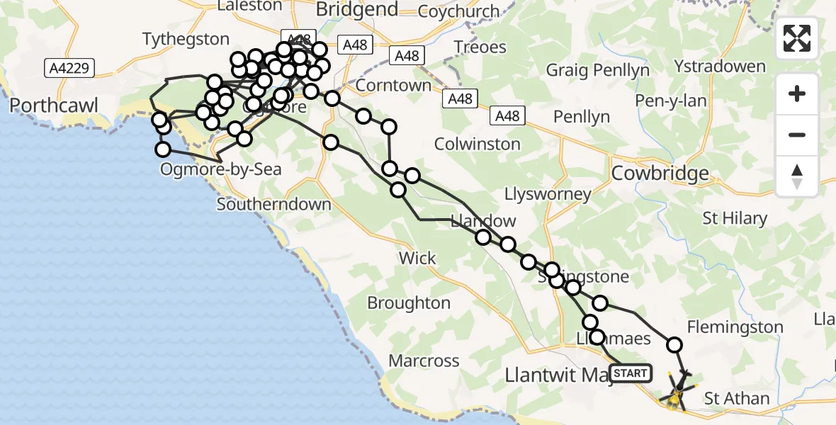 Flight route Police Helicopter Boverton - MOD St Athan, 21 July 2026, 18:47