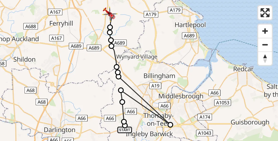 Flight route Air Ambulance Helicopter Egglescliffe - Trimdon Village, 21 July 2026, 18:51