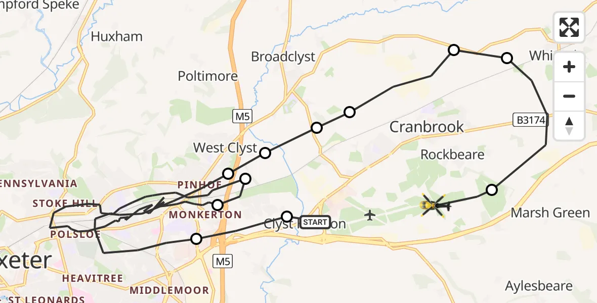Flight route Police Helicopter Exeter International Airport - Rockbeare, 21 July 2026, 19:05