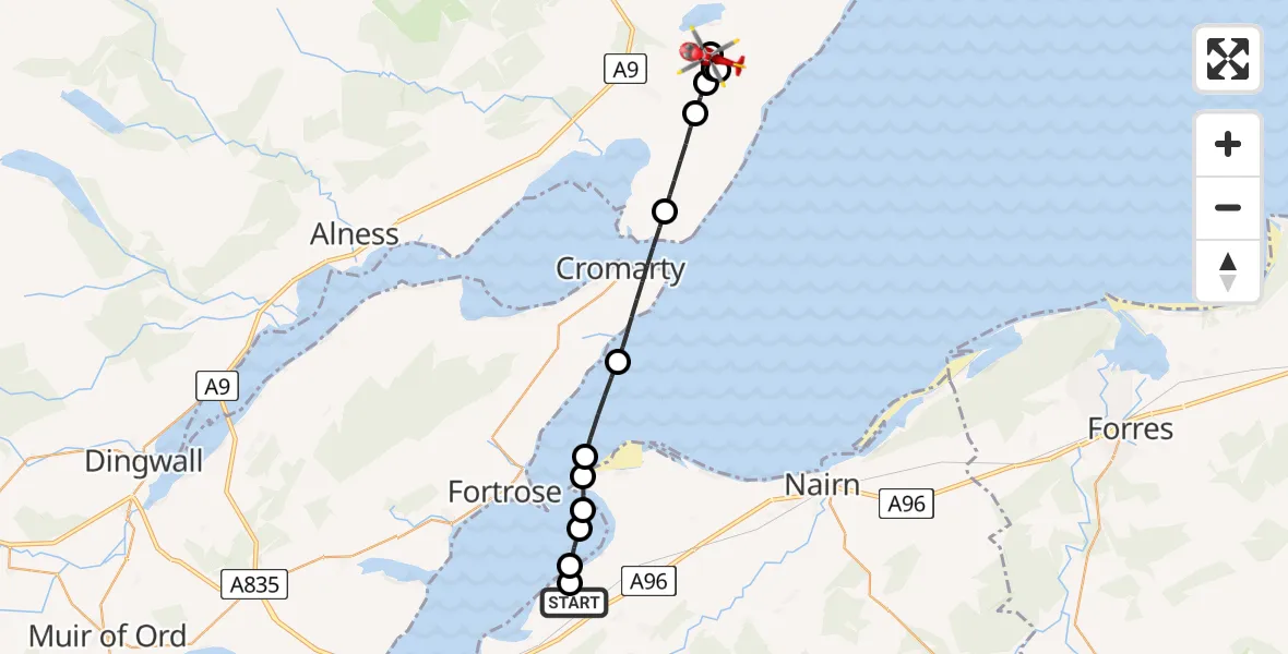 Flight route Air Ambulance Helicopter Inverness - Fearn, 21 July 2026, 19:10