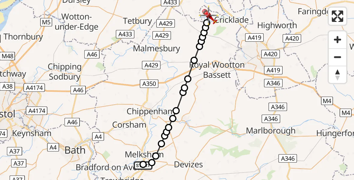 Flight route Air Ambulance Helicopter Wiltshire Air Ambulance - Ashton Keynes, 21 July 2026, 19:12