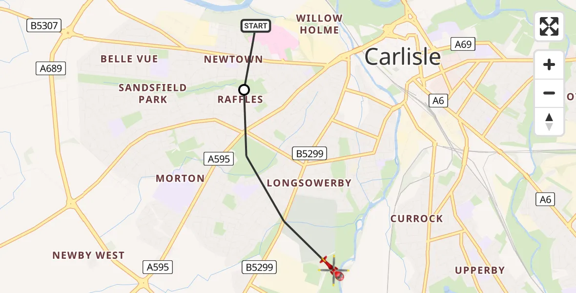 Flight route Air Ambulance Helicopter Carlisle General - Blackwell, 21 July 2026, 19:12