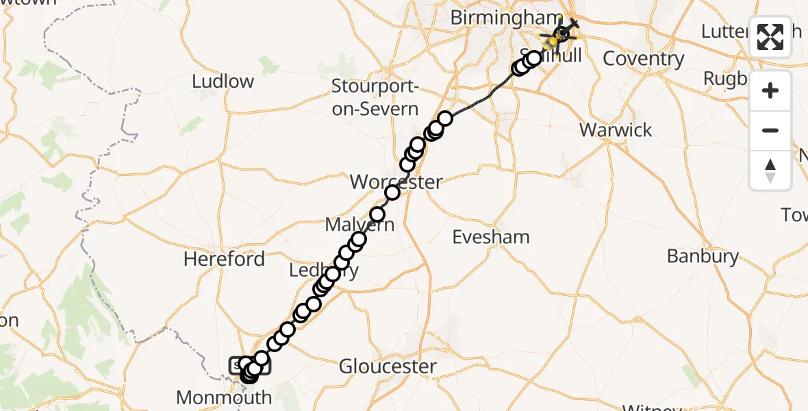 Flight route Police Helicopter Goodrich - Solihull, 21 July 2026, 19:15