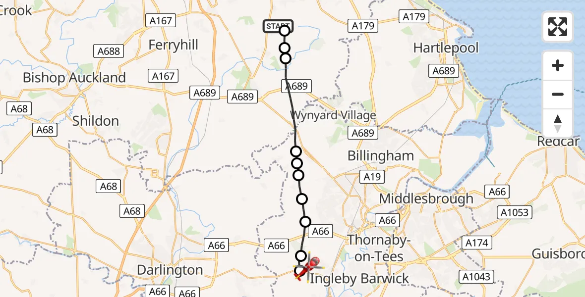 Flight route Air Ambulance Helicopter Trimdon Village - Egglescliffe, 21 July 2026, 19:22