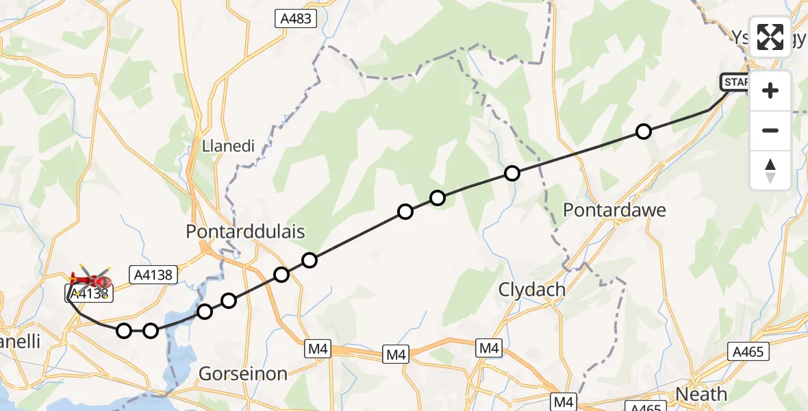 Flight route Air Ambulance Helicopter Ystalyfera - Dafen, 21 July 2026, 19:22