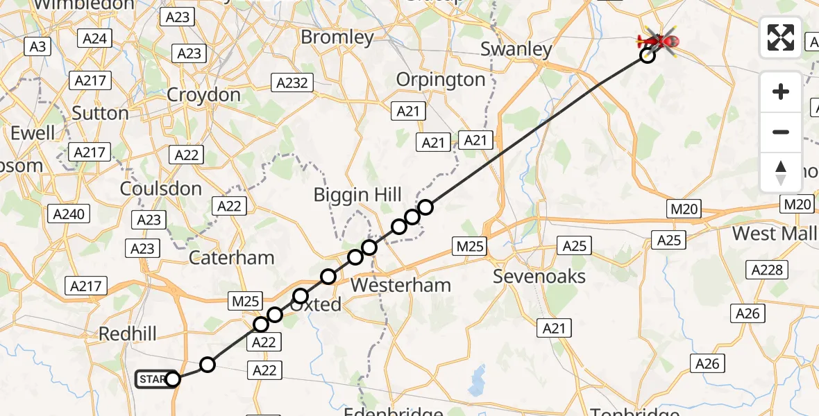 Flight route Air Ambulance Helicopter Redhill Aerodrome - Dartford, 21 July 2026, 19:28