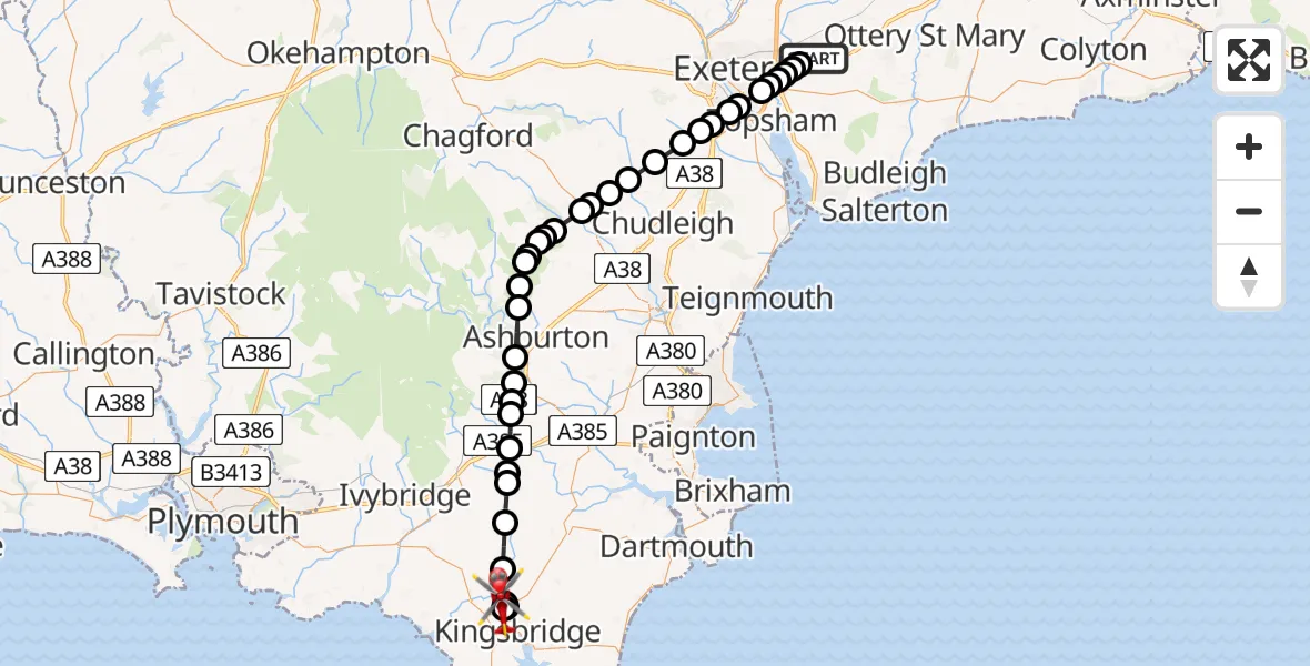 Flight route Air Ambulance Helicopter Exeter International Airport - Churchstow, 21 July 2026, 19:29