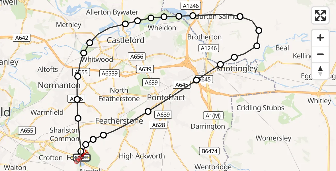 Flight route Air Ambulance Helicopter YAA Nostell Helicopter Port - YAA Nostell Helicopter Port, 21 July 2026, 19:30