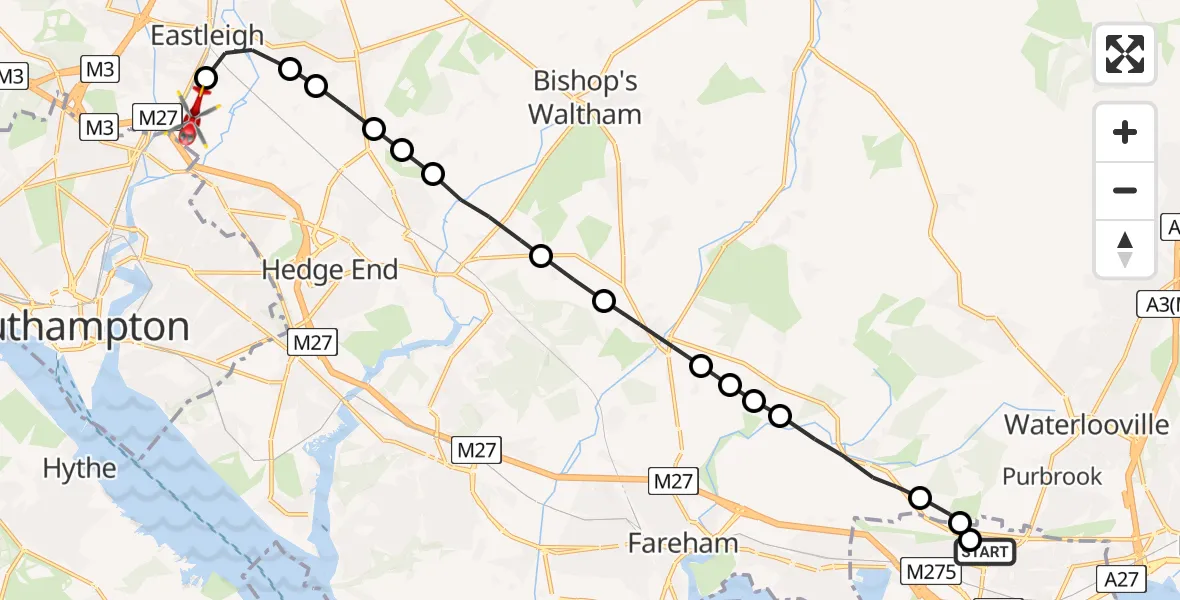 Flight route Air Ambulance Helicopter Queen Alexandra Hospital - Southampton Airport, 21 July 2026, 19:32
