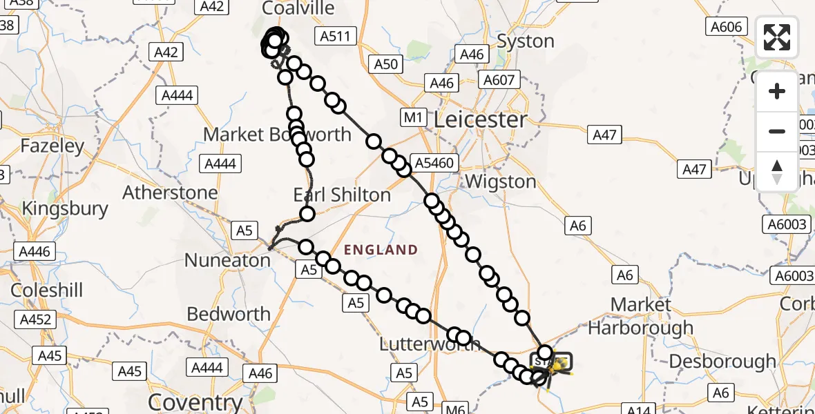 Flight route Police Helicopter Husbands Bosworth Airfield - Harborough, 21 July 2026, 19:33
