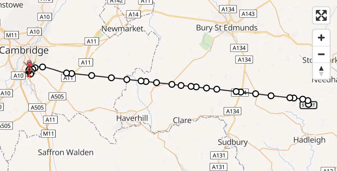 Flight route Air Ambulance Helicopter Wattisham Airfield - Papworth Hospital, 21 July 2026, 19:54