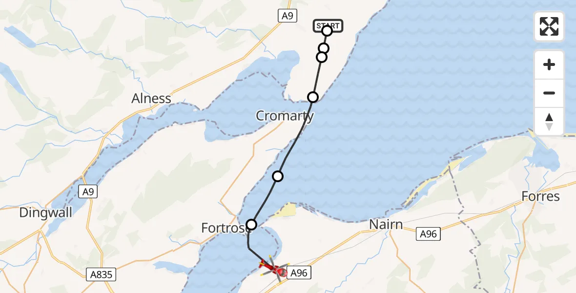 Flight route Air Ambulance Helicopter Fearn - Inverness Airport, 21 July 2026, 20:01