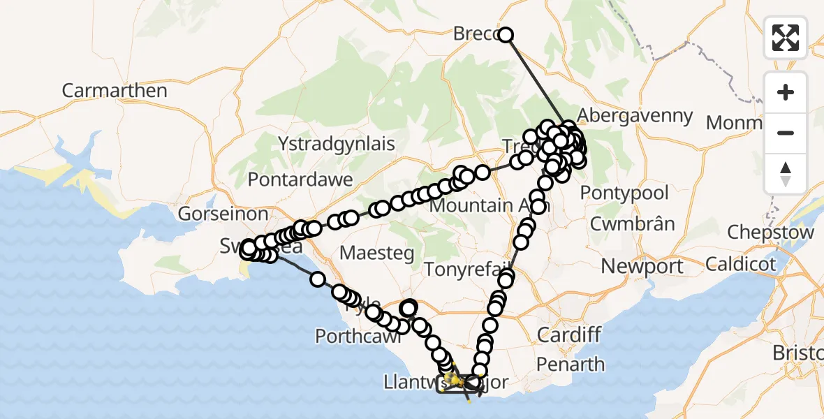 Flight route Police Helicopter Boverton - MOD St Athan, 21 July 2026, 20:05