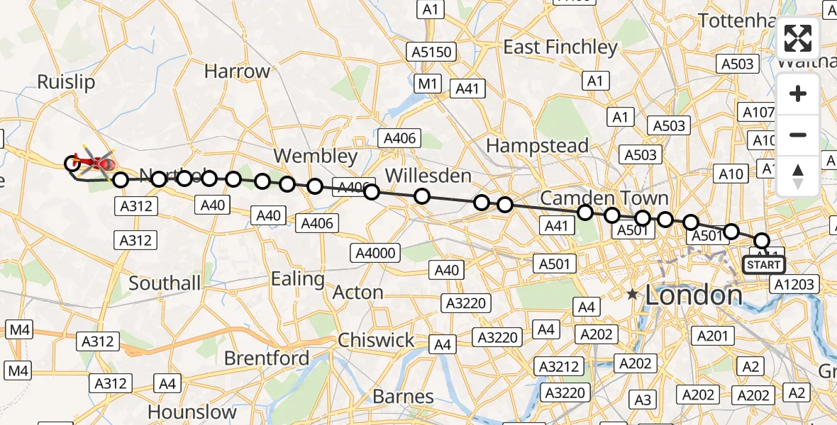 Flight route Air Ambulance Helicopter Royal London Hospital - RAF Northolt, 21 July 2026, 20:10