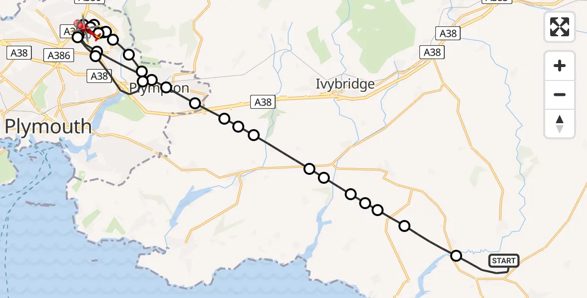 Flight route Air Ambulance Helicopter Churchstow - Derriford Hospital, 21 July 2026, 20:19