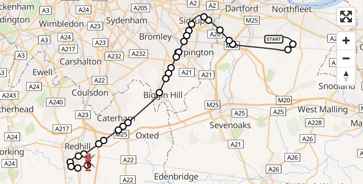 Flight route Air Ambulance Helicopter Dartford - Redhill Aerodrome, 21 July 2026, 20:21