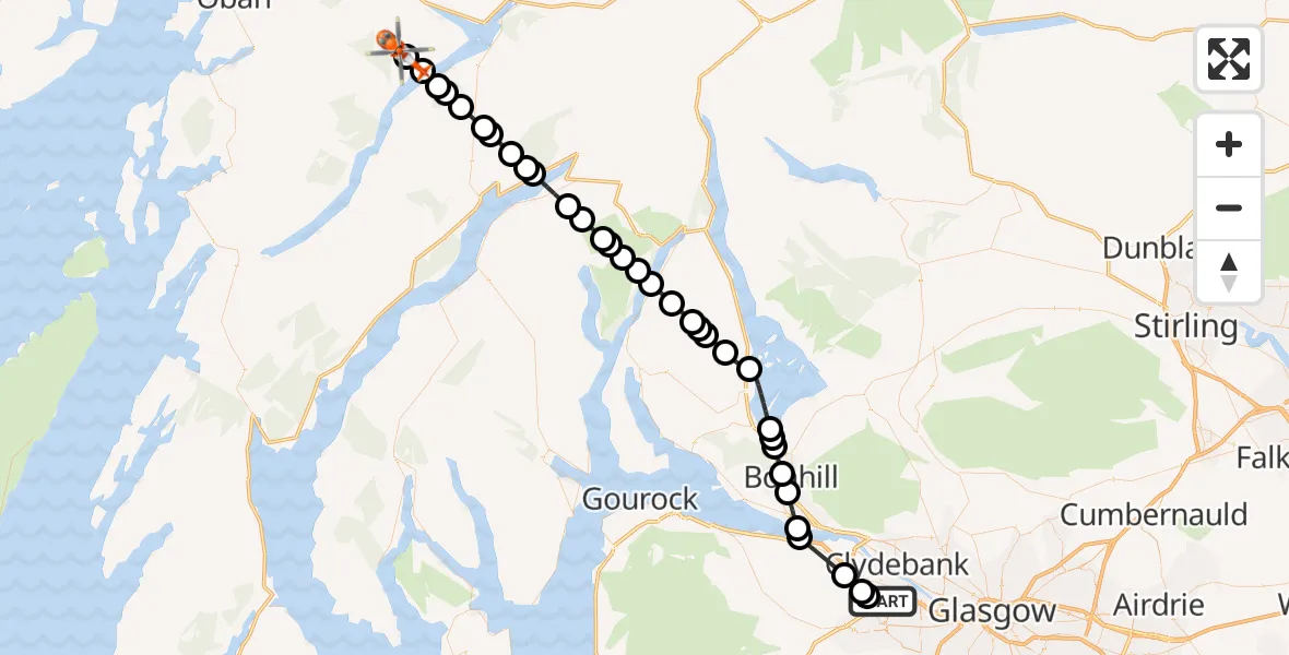 Flight route Coastguard Helicopter Glasgow Airport - Achmacraobh, 21 July 2026, 20:27