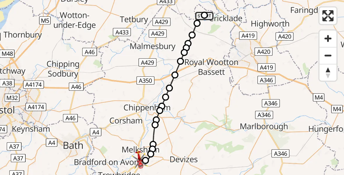 Flight route Air Ambulance Helicopter Swindon - Wiltshire Air Ambulance, 21 July 2026, 20:40