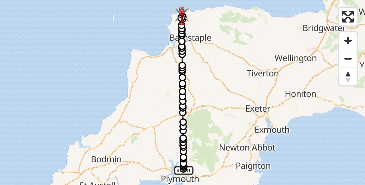Flight route Air Ambulance Helicopter Derriford Hospital - Ilfracombe, 21 July 2026, 21:03