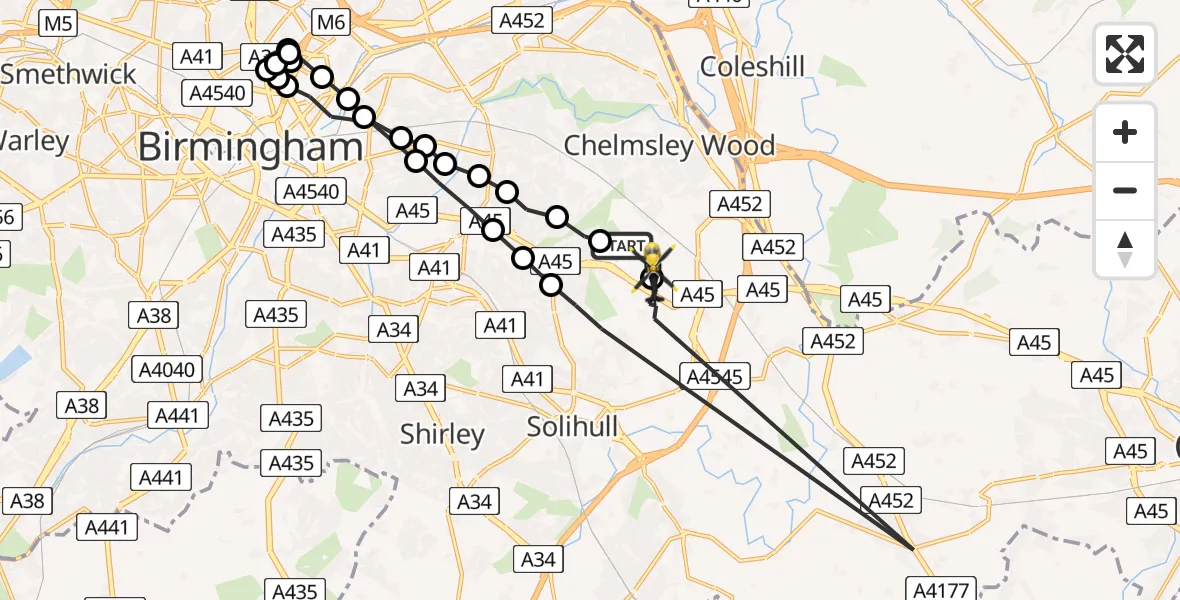 Flight route Police Helicopter Birmingham Airport - Birmingham Airport, 21 July 2026, 21:04