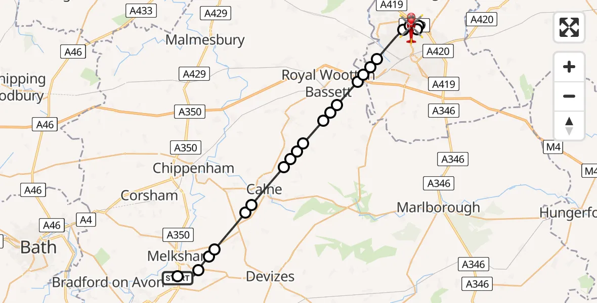 Flight route Air Ambulance Helicopter Wiltshire Air Ambulance - Blunsdon, 21 July 2026, 21:05
