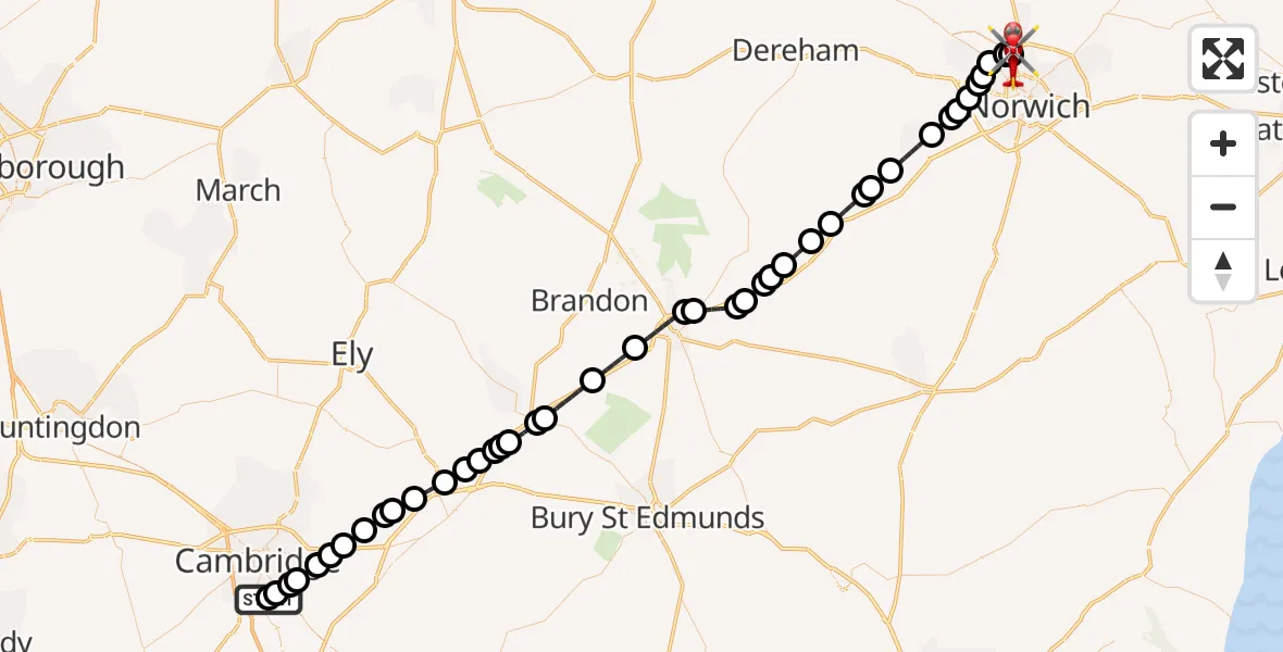 Flight route Air Ambulance Helicopter Papworth Hospital - Norwich Airport, 21 July 2026, 21:28
