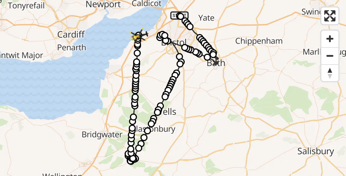 Flight route Police Helicopter Almondsbury Helicopter Base - Portishead, 21 July 2026, 21:31